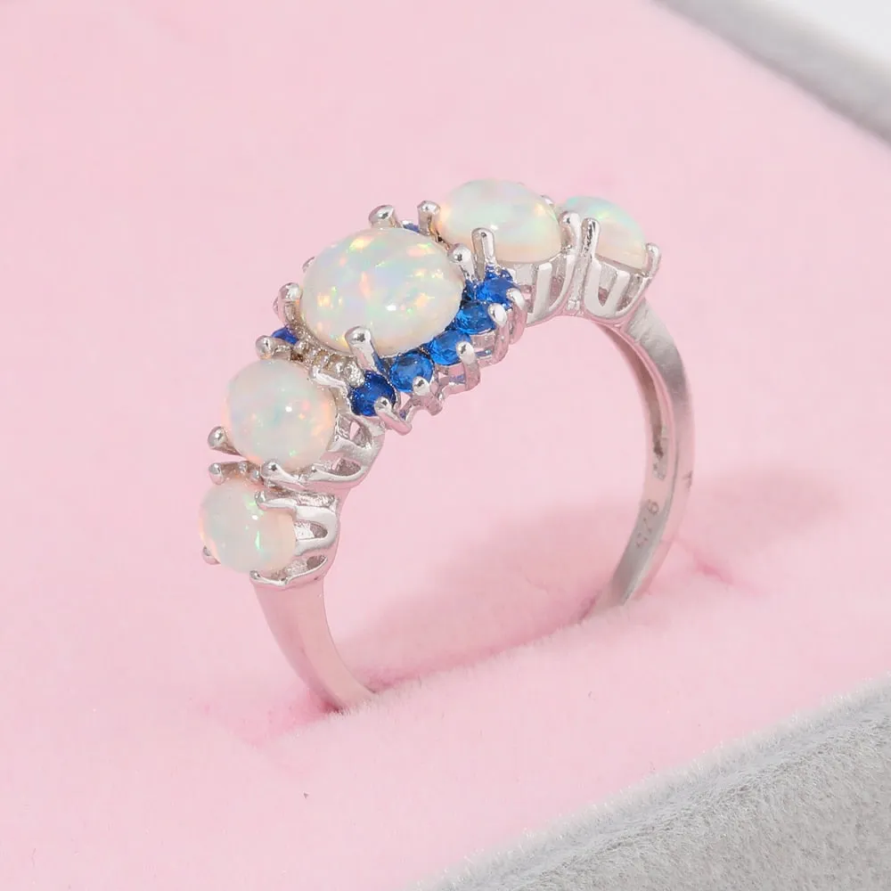 5 Colors Luxe Fire Opal Ring Silver Plated Oval Round Stone Blue Full Crystal Finger Ring  for Women