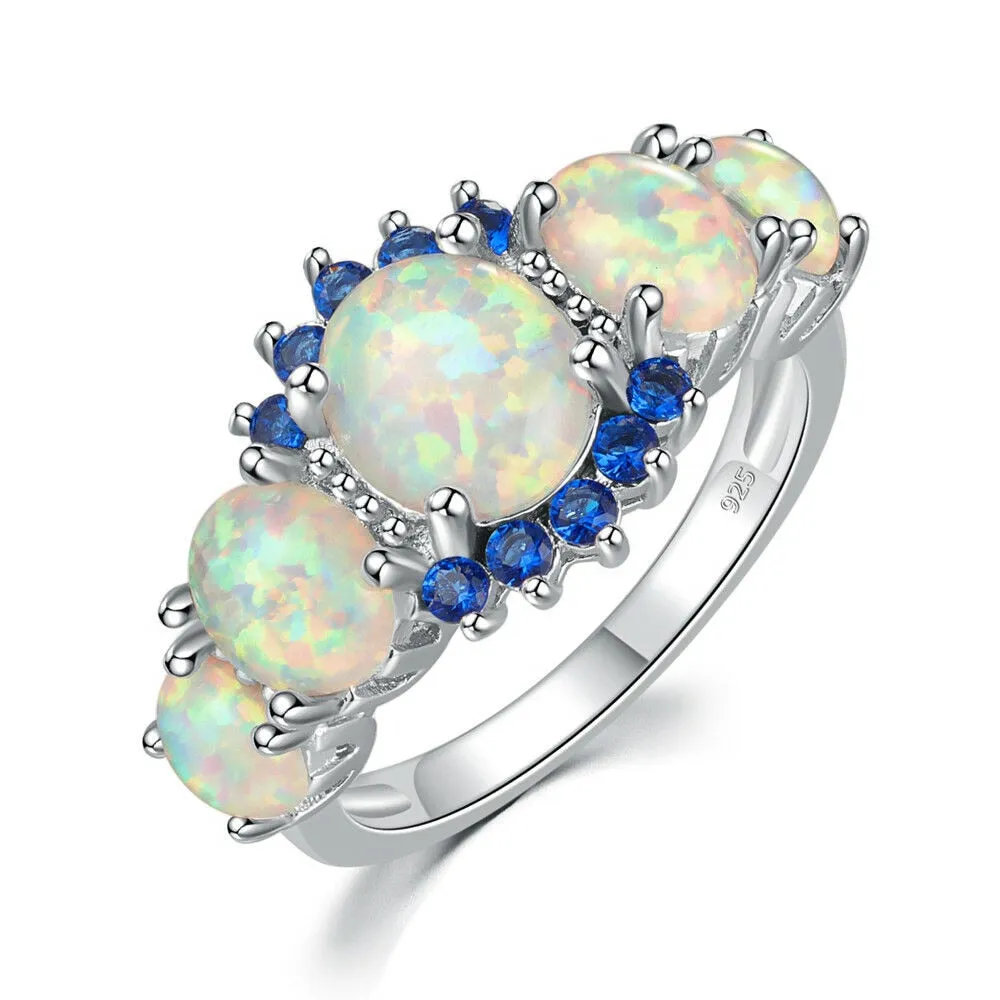 5 Colors Luxe Fire Opal Ring Silver Plated Oval Round Stone Blue Full Crystal Finger Ring  for Women