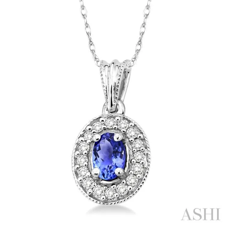 6x4mm Oval Cut Tanzanite and 1/5 Ctw Round Cut Diamond Pendant in 14K White Gold with Chain