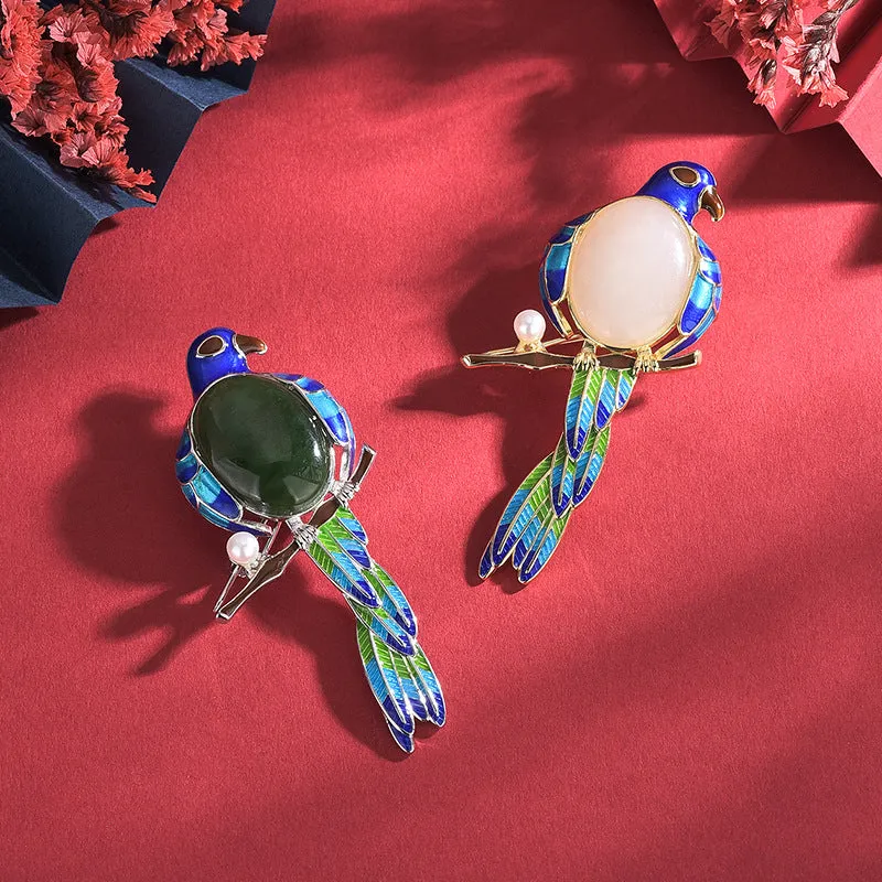 925 Silver Jade Enamel Bird Brooch