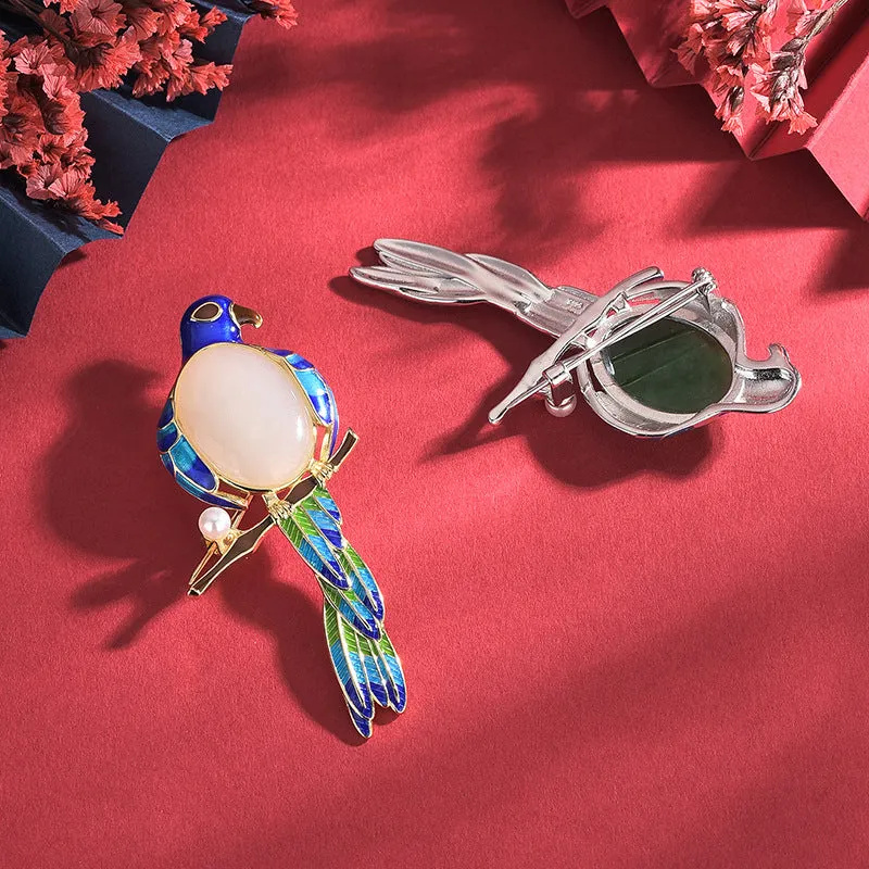 925 Silver Jade Enamel Bird Brooch