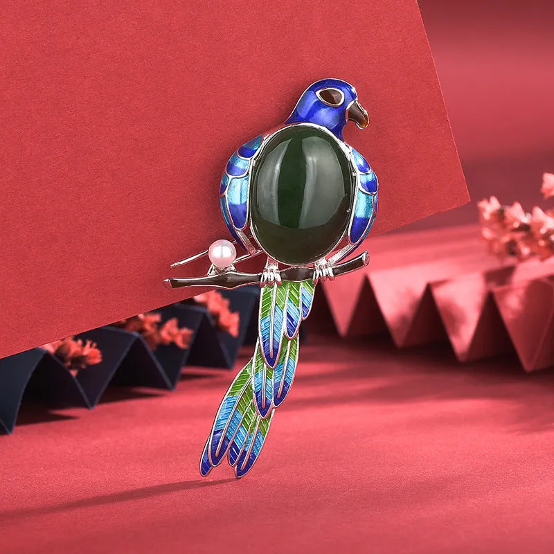 925 Silver Jade Enamel Bird Brooch