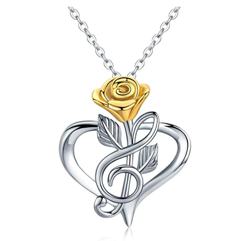 925 Silver Treble Clef Heart Music Note Necklace Musical Pendant Rose Flower Chain Singer Jewelry Mothers Day Anniversary Gift 20in.