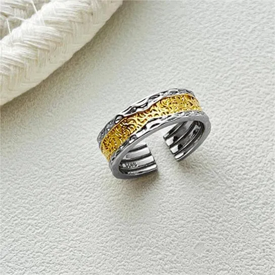 925 Sterling Silver Split Color Irregular Texture Plain Ring