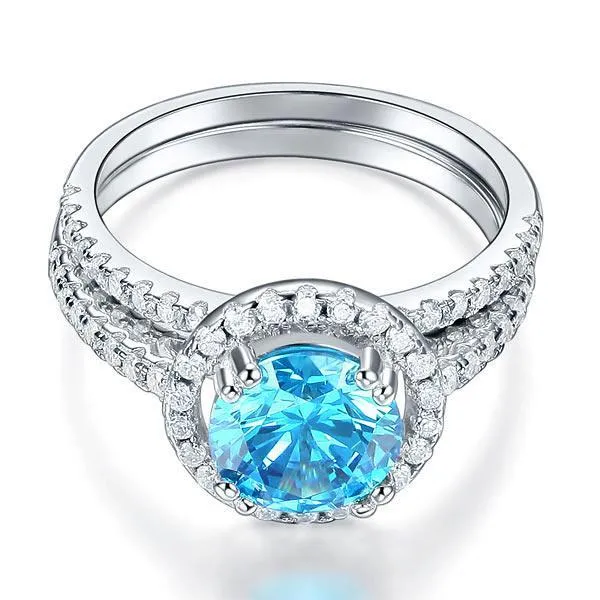 925 Sterling Silver Wedding Engagement Halo Ring Set 2 Carat Blue Created Zirconia MXFR8219