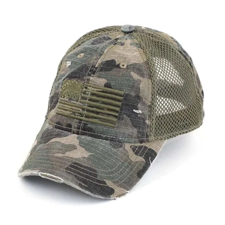 American Flag Camo Distressed Mesh Back Baseball Hat