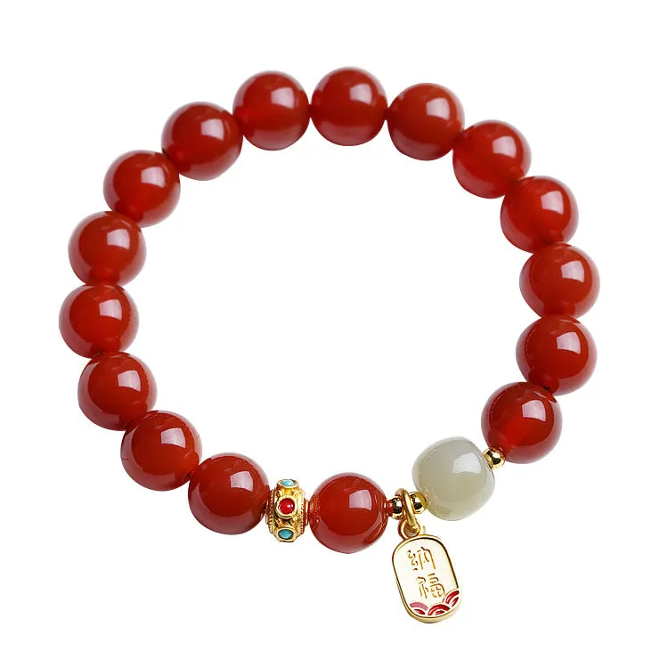 Ancient Style Sterling Silver Red Agate and Hetian Jade Bracelet