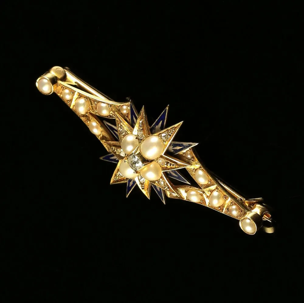 Antique Diamond Pearl Brooch In Original Box 18Ct Gold Blue Enamel