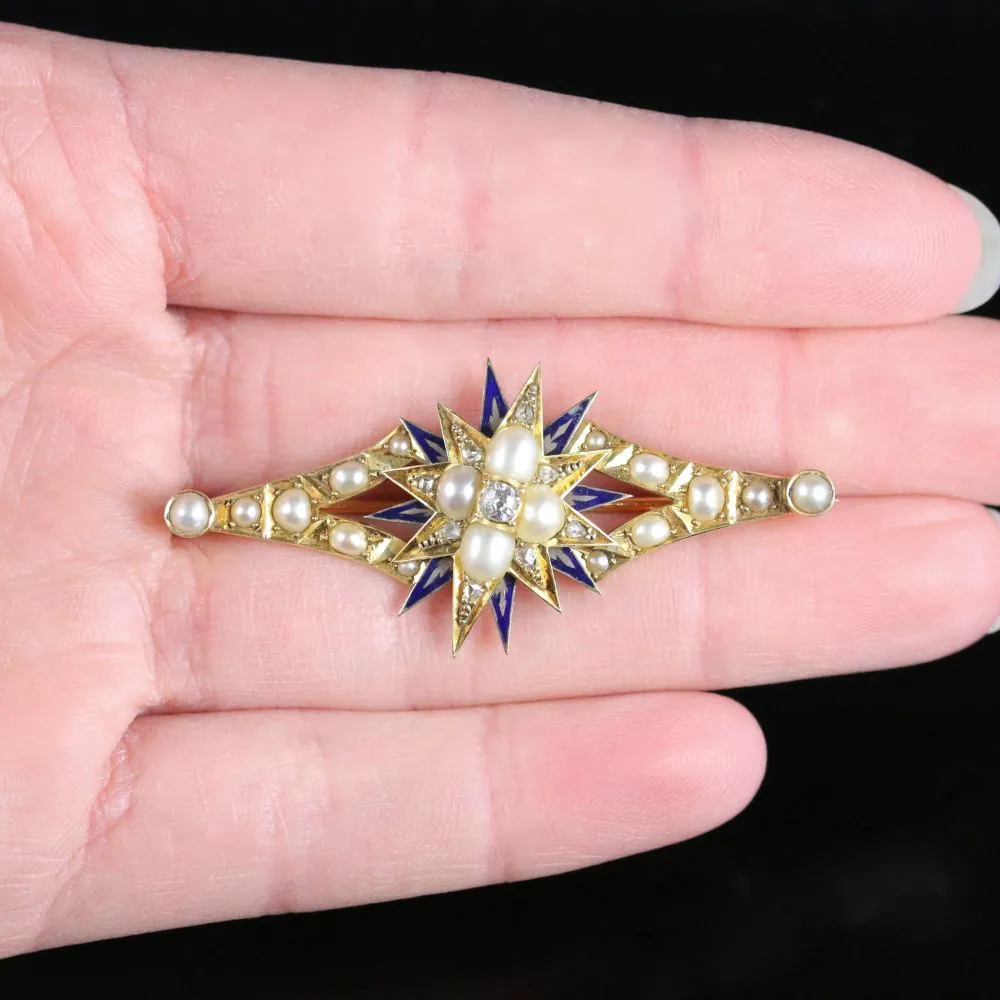 Antique Diamond Pearl Brooch In Original Box 18Ct Gold Blue Enamel