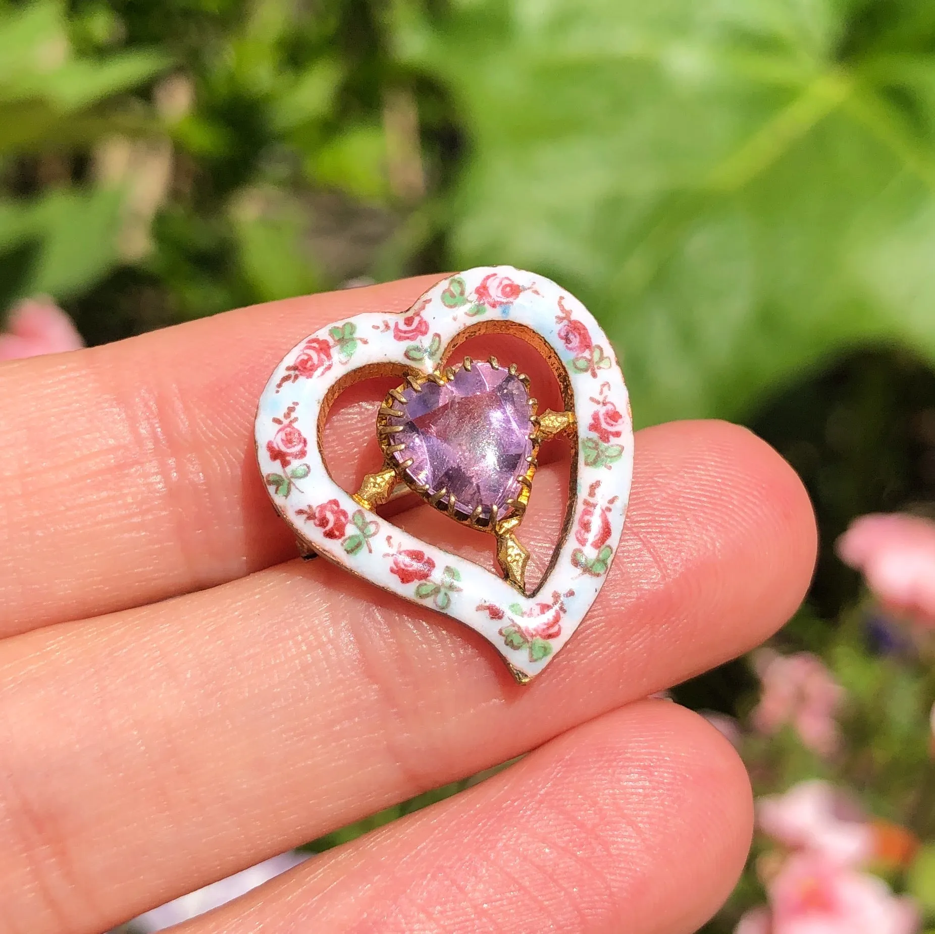 Antique Edwardian Floral Enamel Witches Heart Brooch