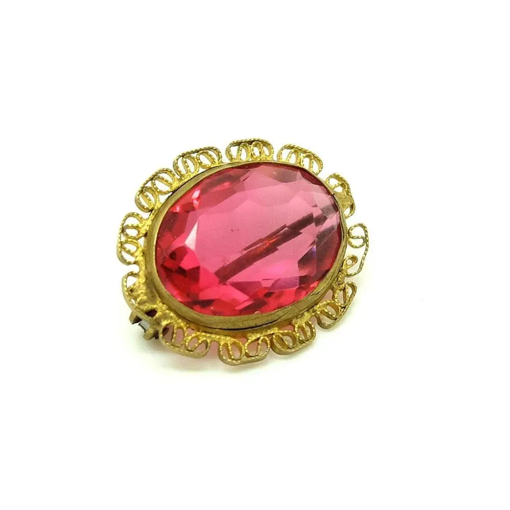 Antique Edwardian Pink Glass Filigree Brooch