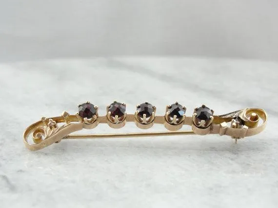 Antique Rose Gold and Fine Garnet Bar Pin, 1800s Era