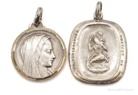 Antique Saints Protection Sterling Silver Pendant Charm Set