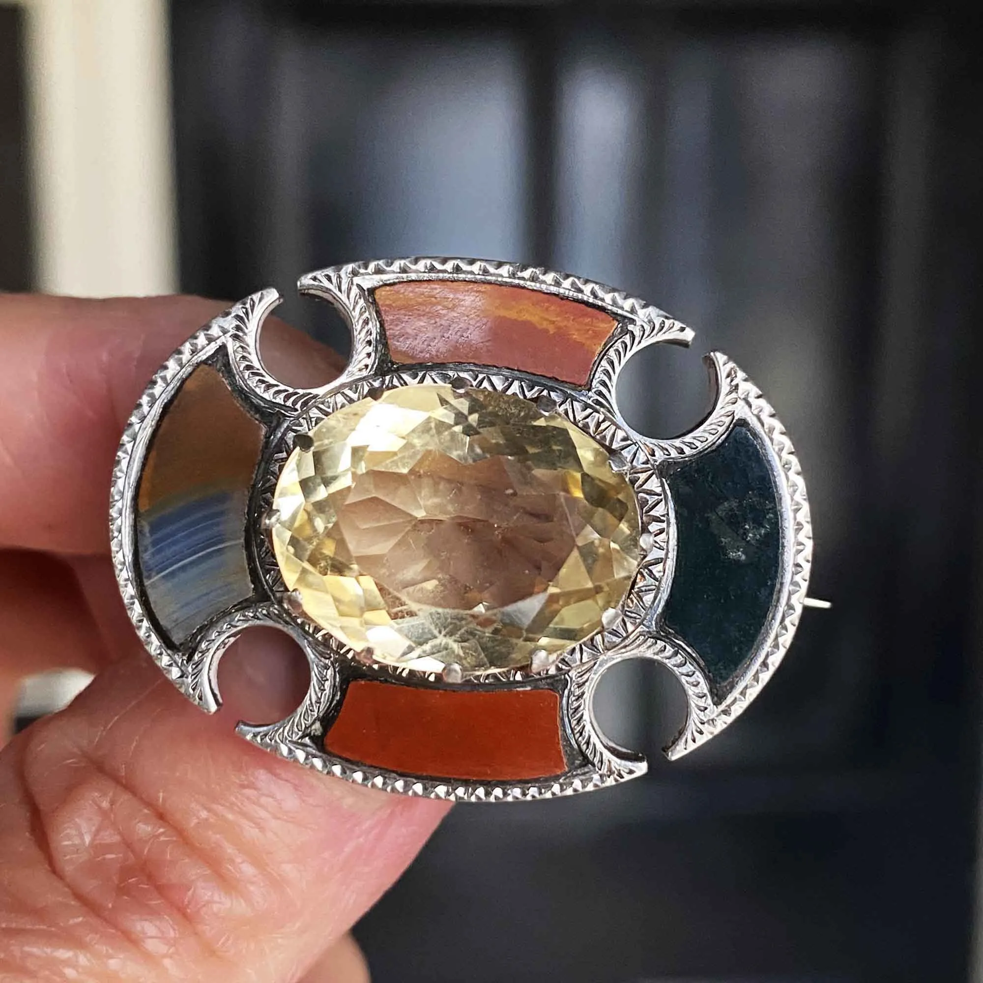 Antique Silver Citrine Agate Brooch, Bloodstone & Jasper