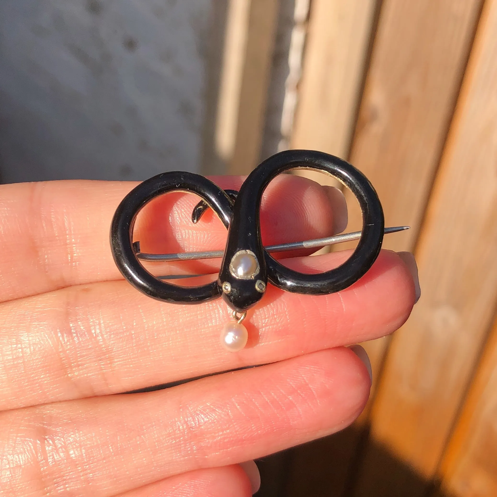 Antique Silver Pearl & Diamond Black Enamel Snake Infinity Brooch