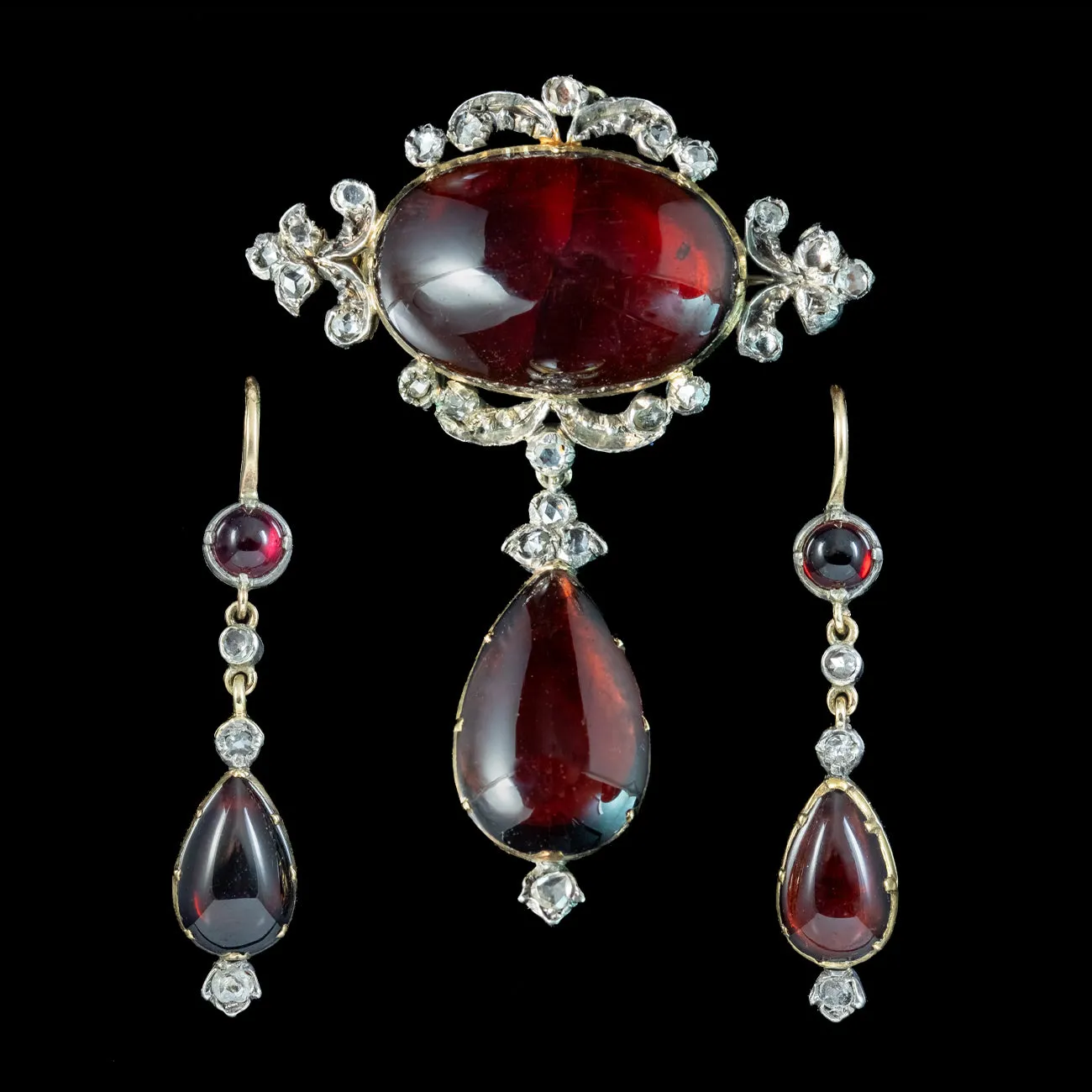 Antique Victorian Garnet Diamond Brooch And Earrings Suite With Box