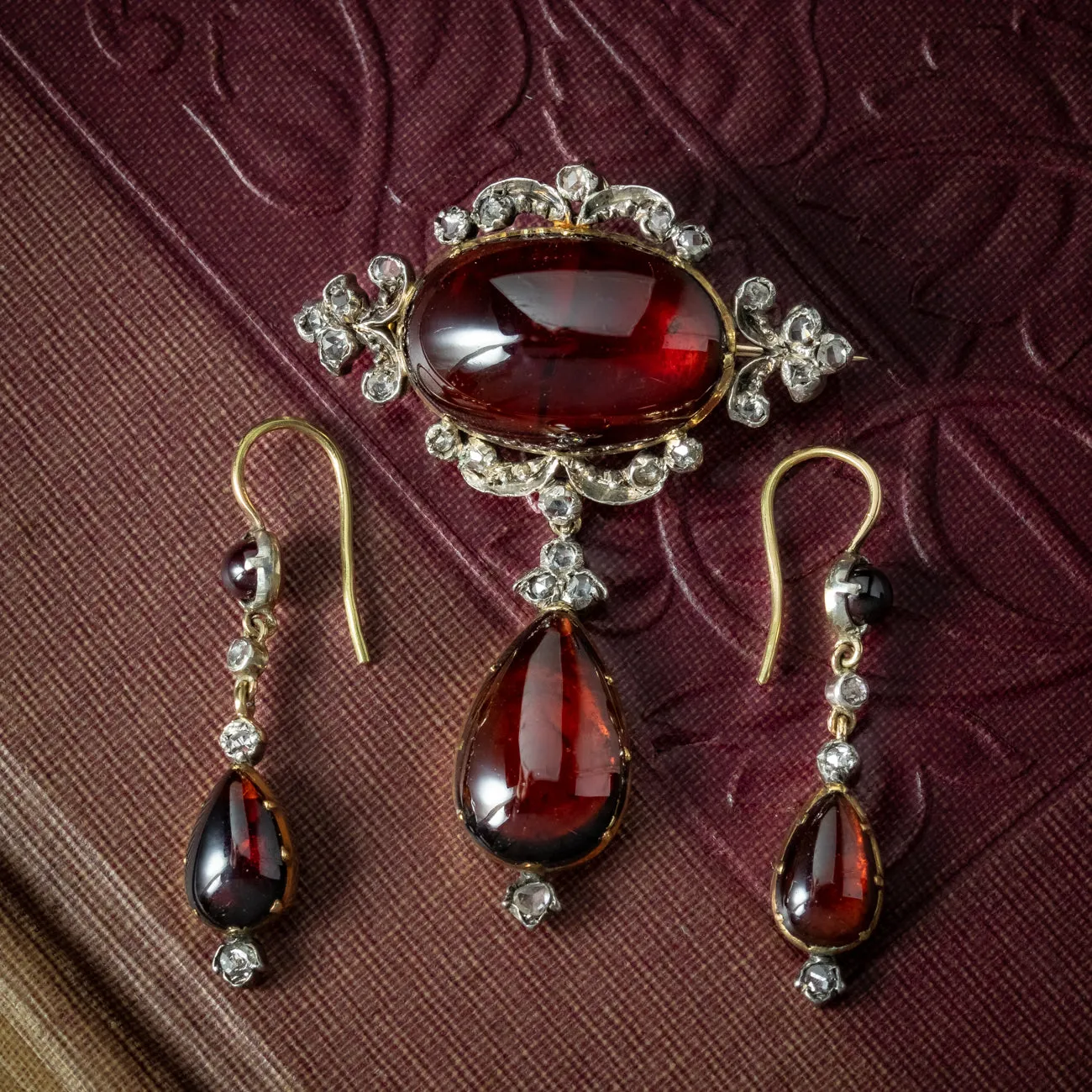 Antique Victorian Garnet Diamond Brooch And Earrings Suite With Box