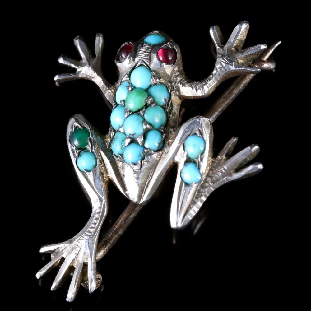 Antique Victorian Turquoise Silver Frog Brooch Circa 1900