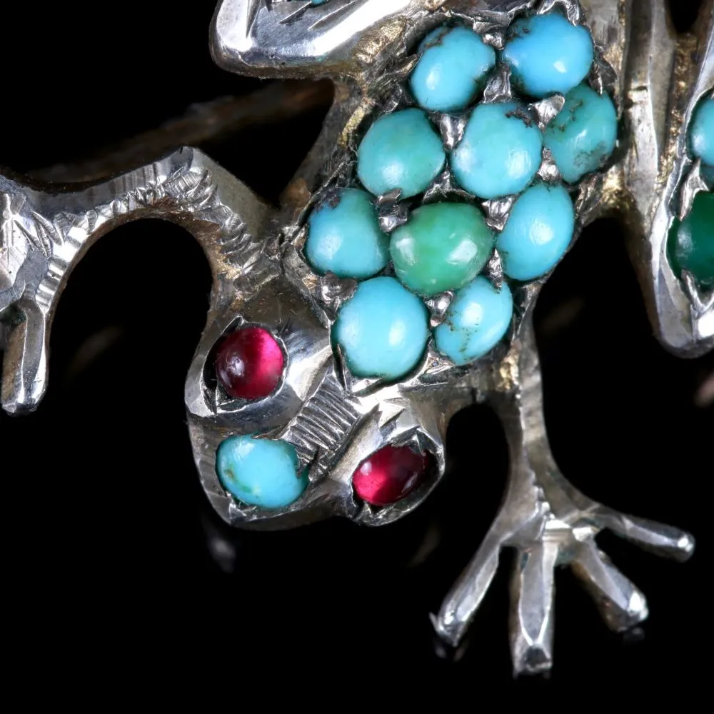 Antique Victorian Turquoise Silver Frog Brooch Circa 1900