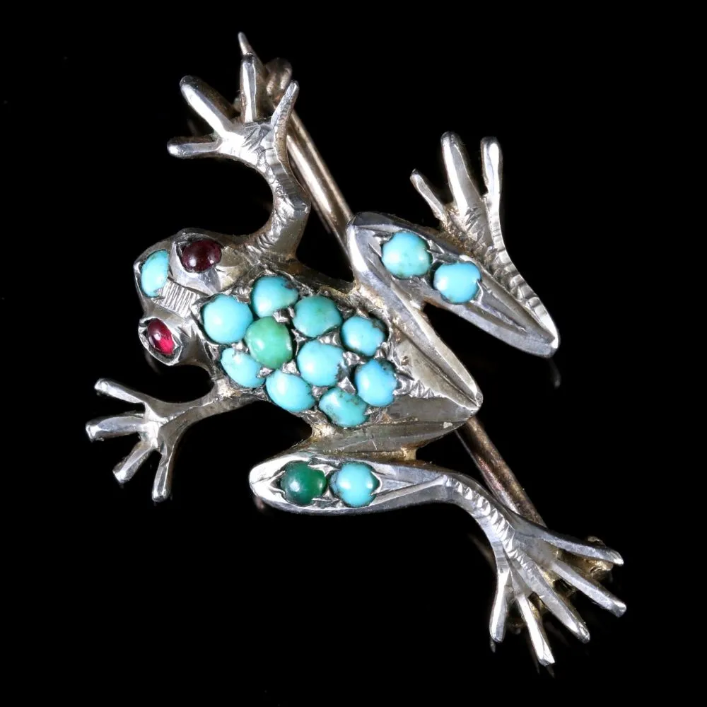 Antique Victorian Turquoise Silver Frog Brooch Circa 1900