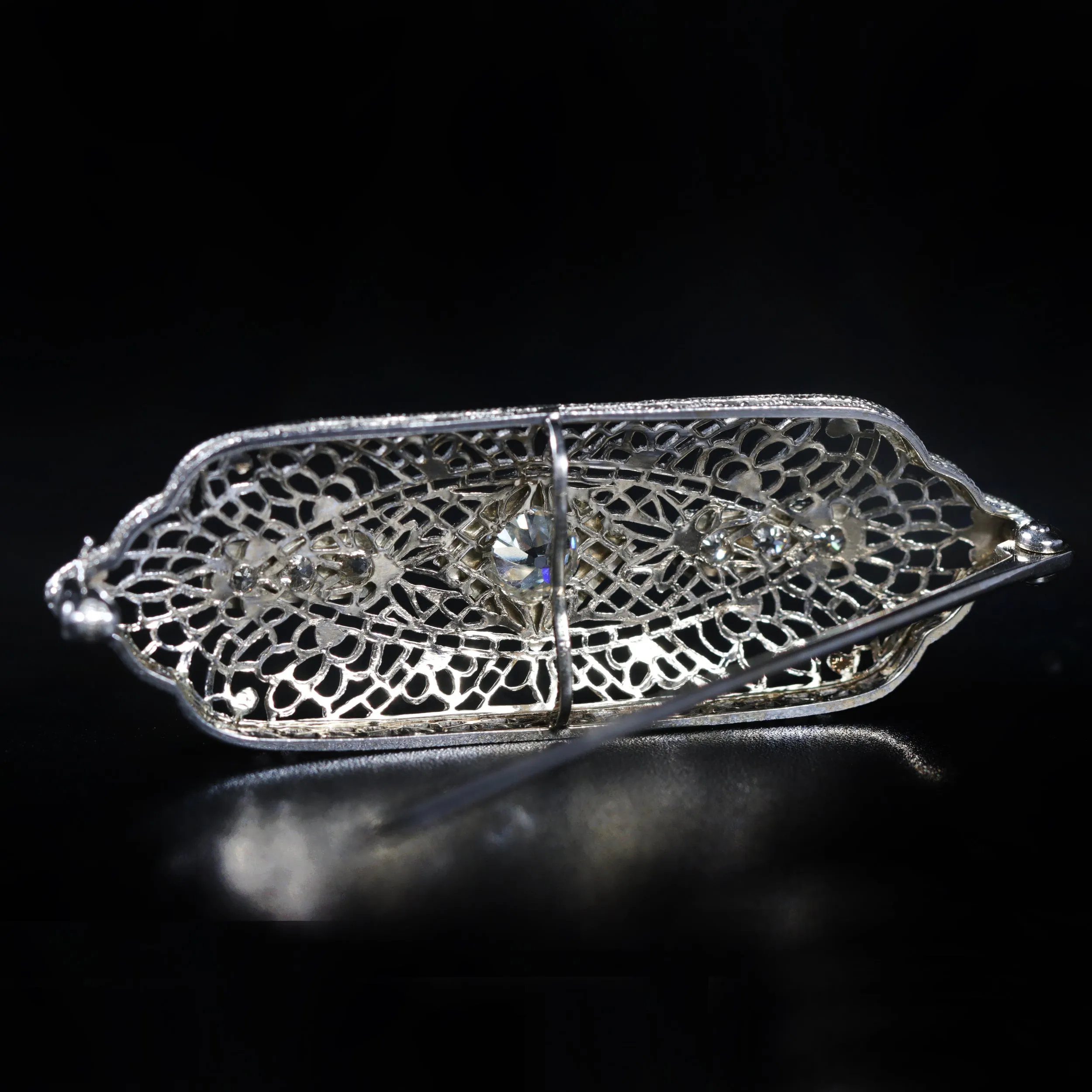 Art Deco 14k White Gold 0.52 Old European Cut Diamond Filigree Brooch