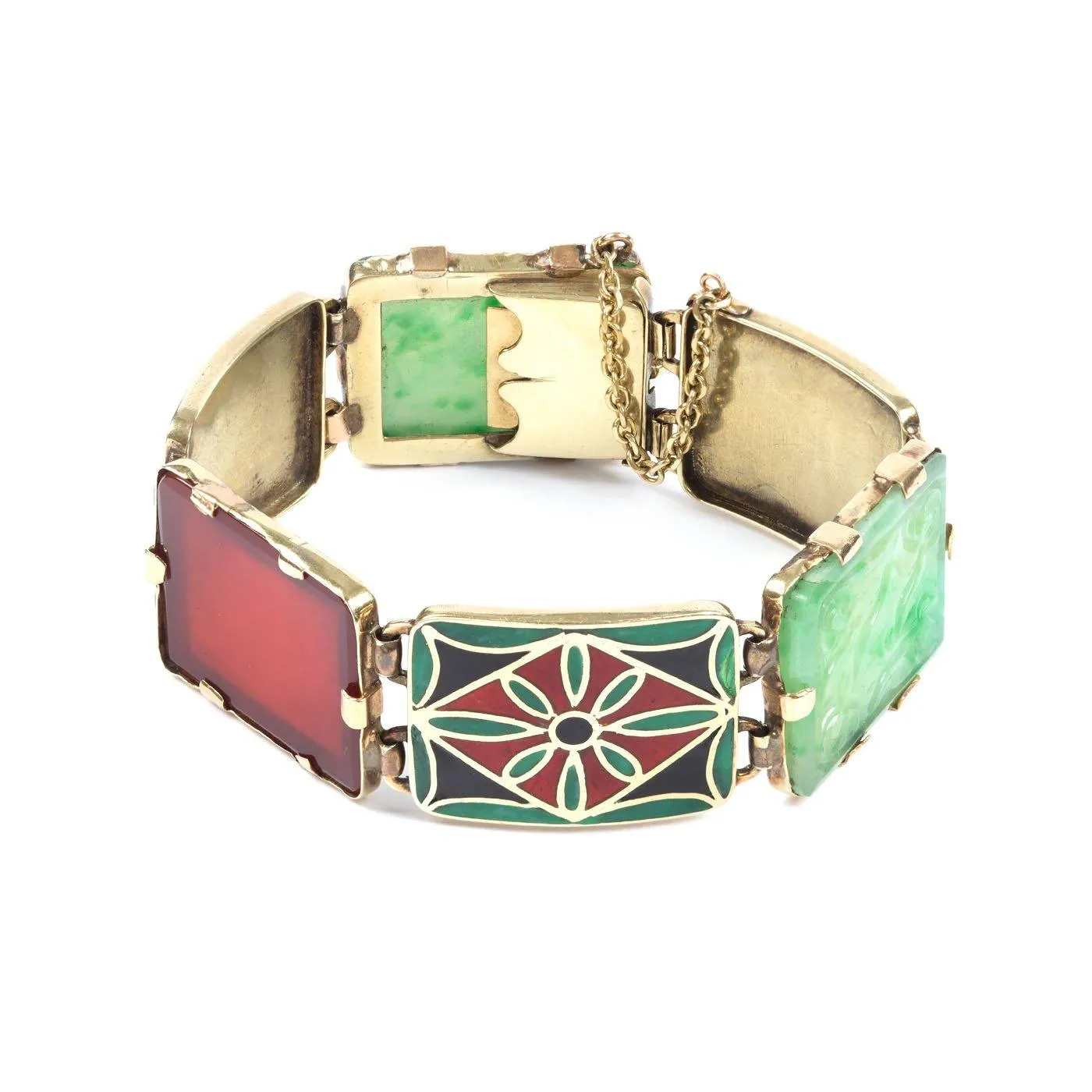 Art Deco, 14K Yellow Gold, Jade, Carnelian Tablets & Cloisonné Enamel Bracelet, Circa 1930s