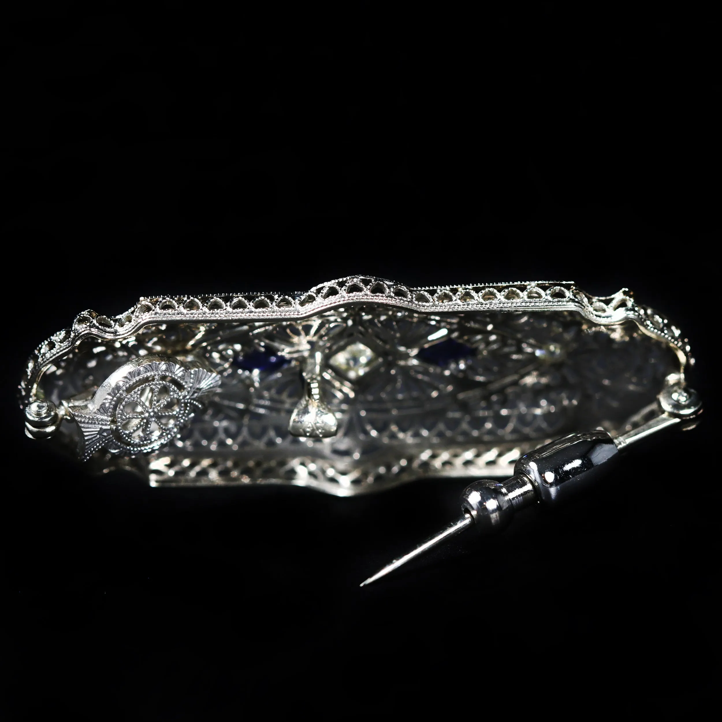 Art Deco Diamond and Synthetic Sapphire Filigree Pendant/Brooch