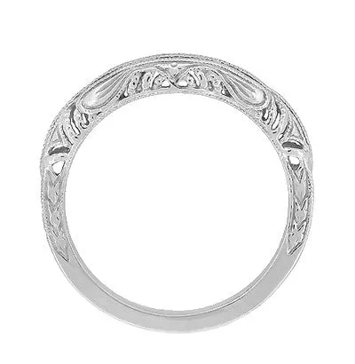 Art Deco Filigree and Wheat Engraved Curved Wedding Ring in Platinum