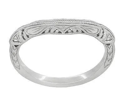 Art Deco Filigree and Wheat Engraved Curved Wedding Ring in Platinum