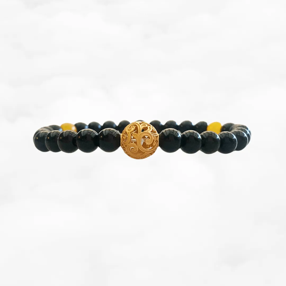 Auspicious Beaded Obsidian Bracelet 6mm Gold