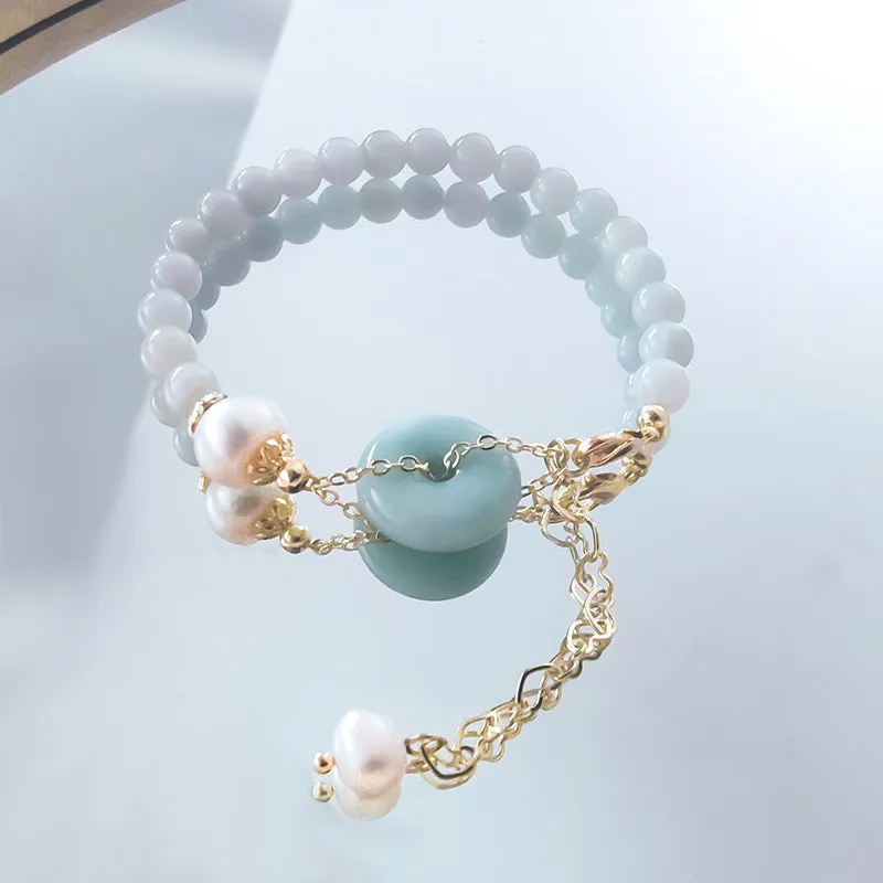 Auspicious Freshwater Pearl and Jade Bracelet with Sterling Silver Needle