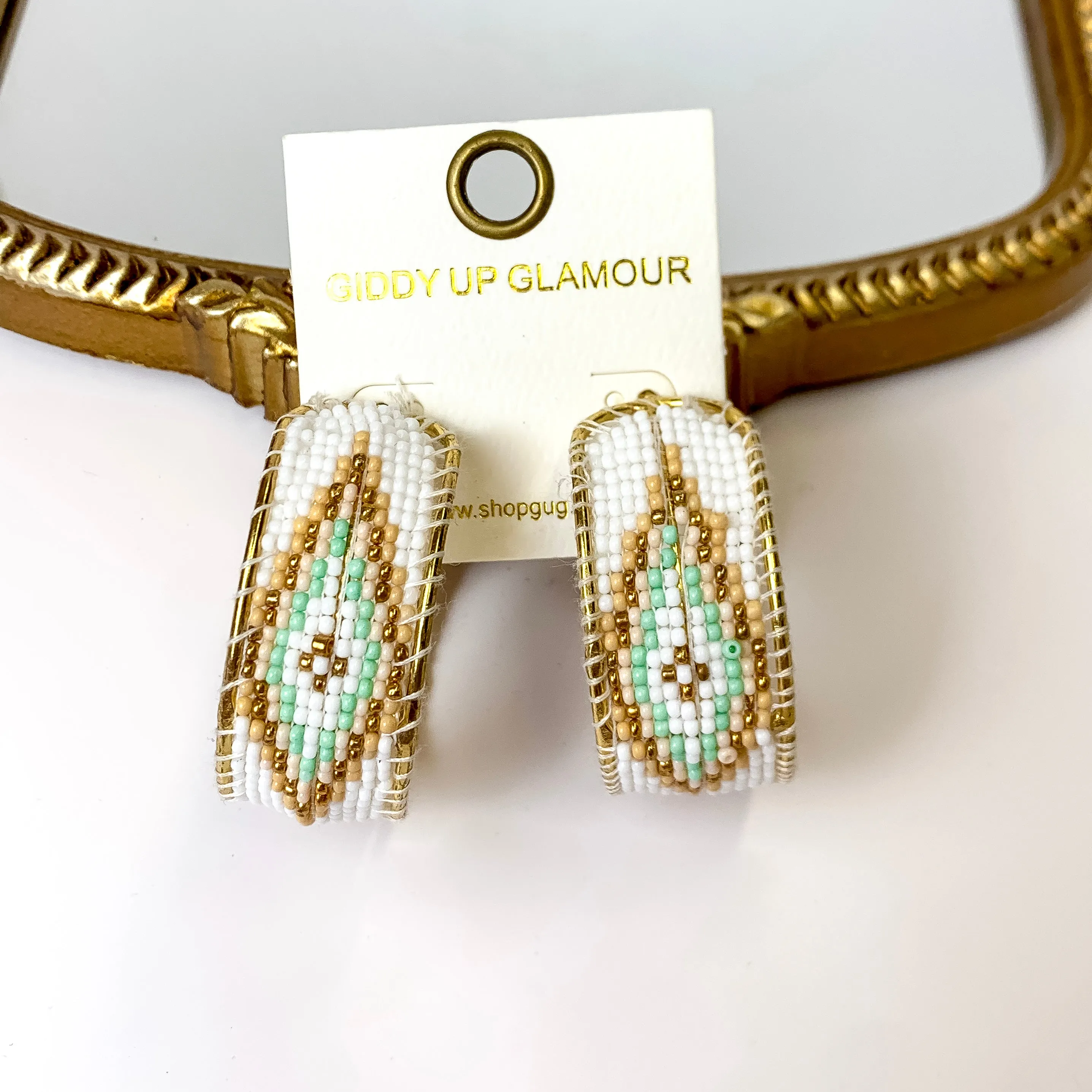 Aztec Design Beaded Hoop Earrings in White