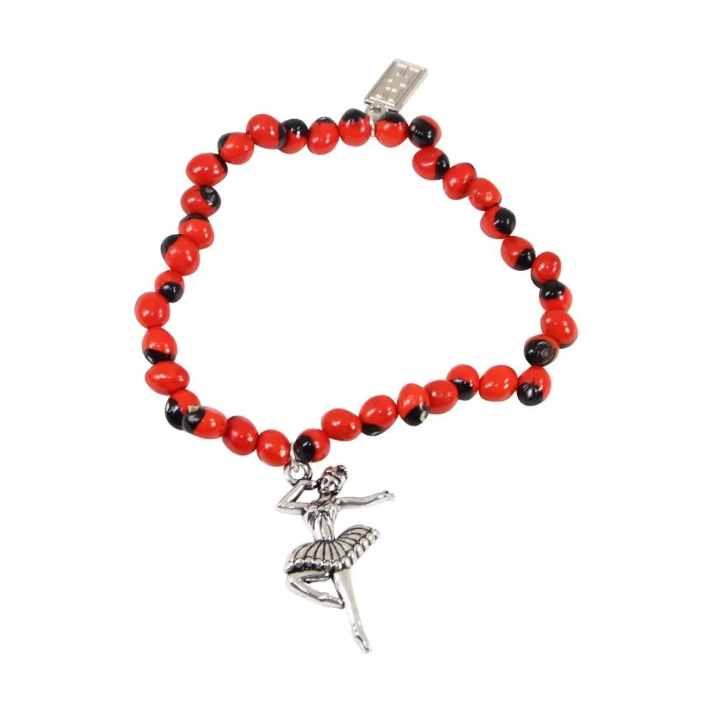 Ballerina Dancer Charm Stretchy Bracelet w/Meaningful Good Luck, Prosperity, Love Huayruro Seeds