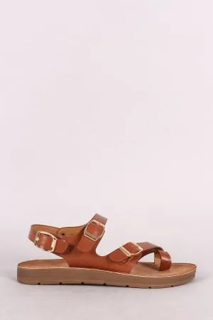 Bamboo Leather Asymmetrical Buckled Toe Ring Flat Sandal