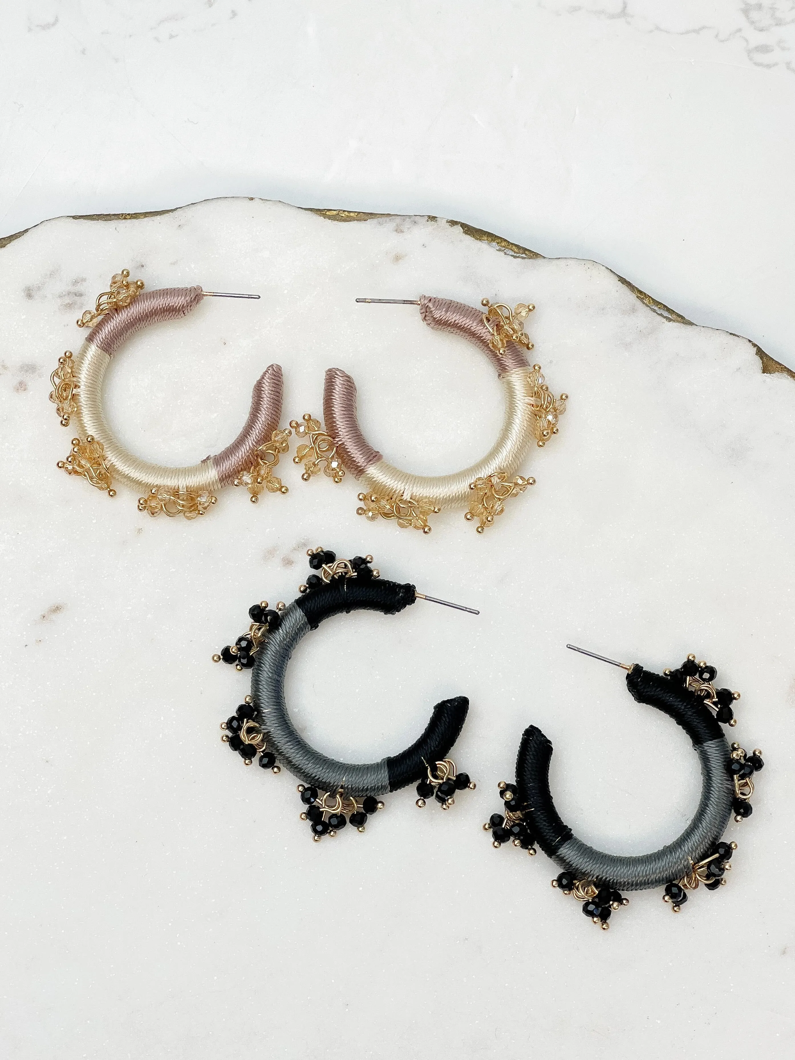 Beaded Floral Embellished Hoop Earrings - Black