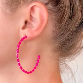 Beaded Gold Skinny Open Hoop Earrings - Pink