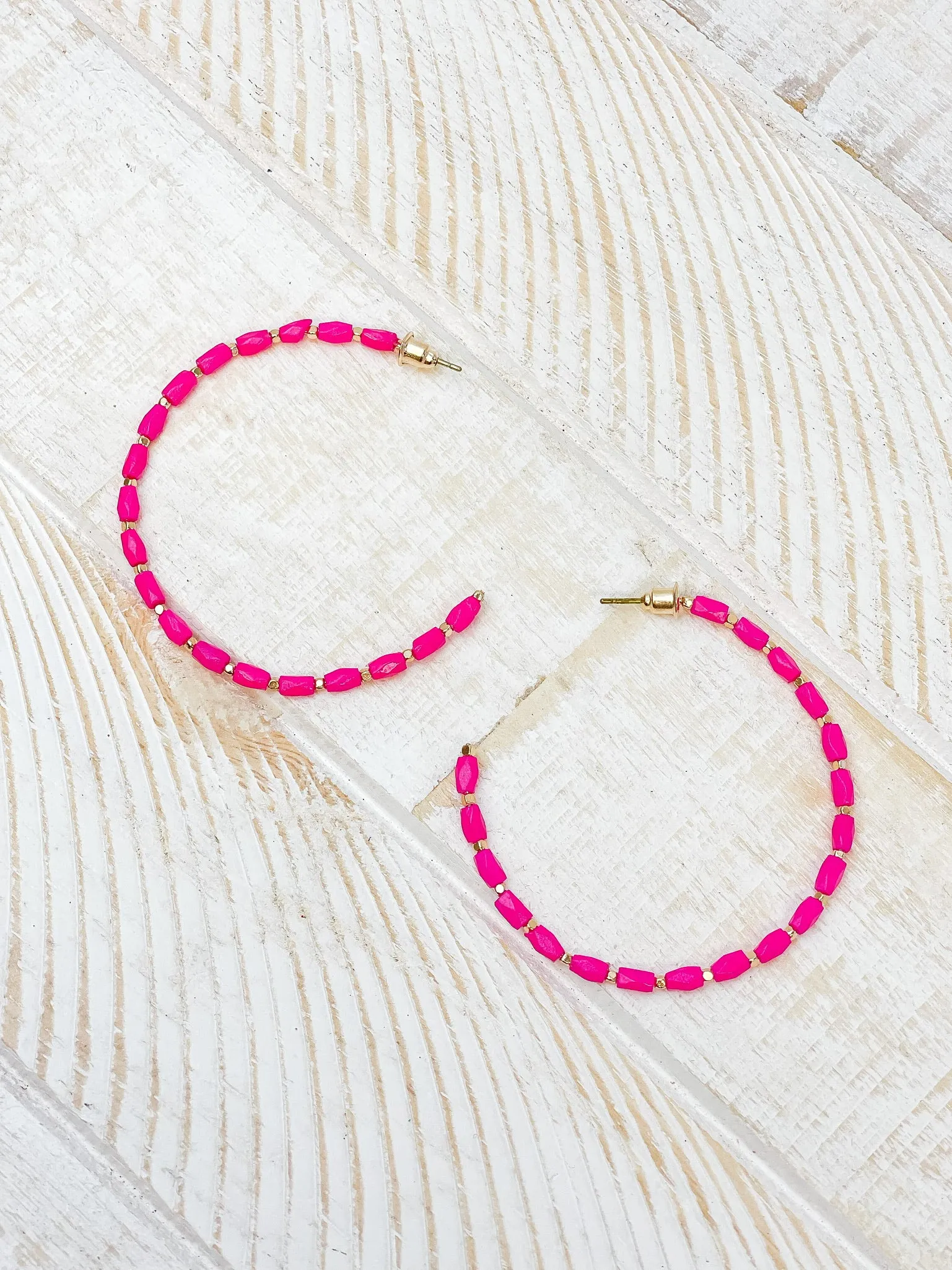 Beaded Gold Skinny Open Hoop Earrings - Pink