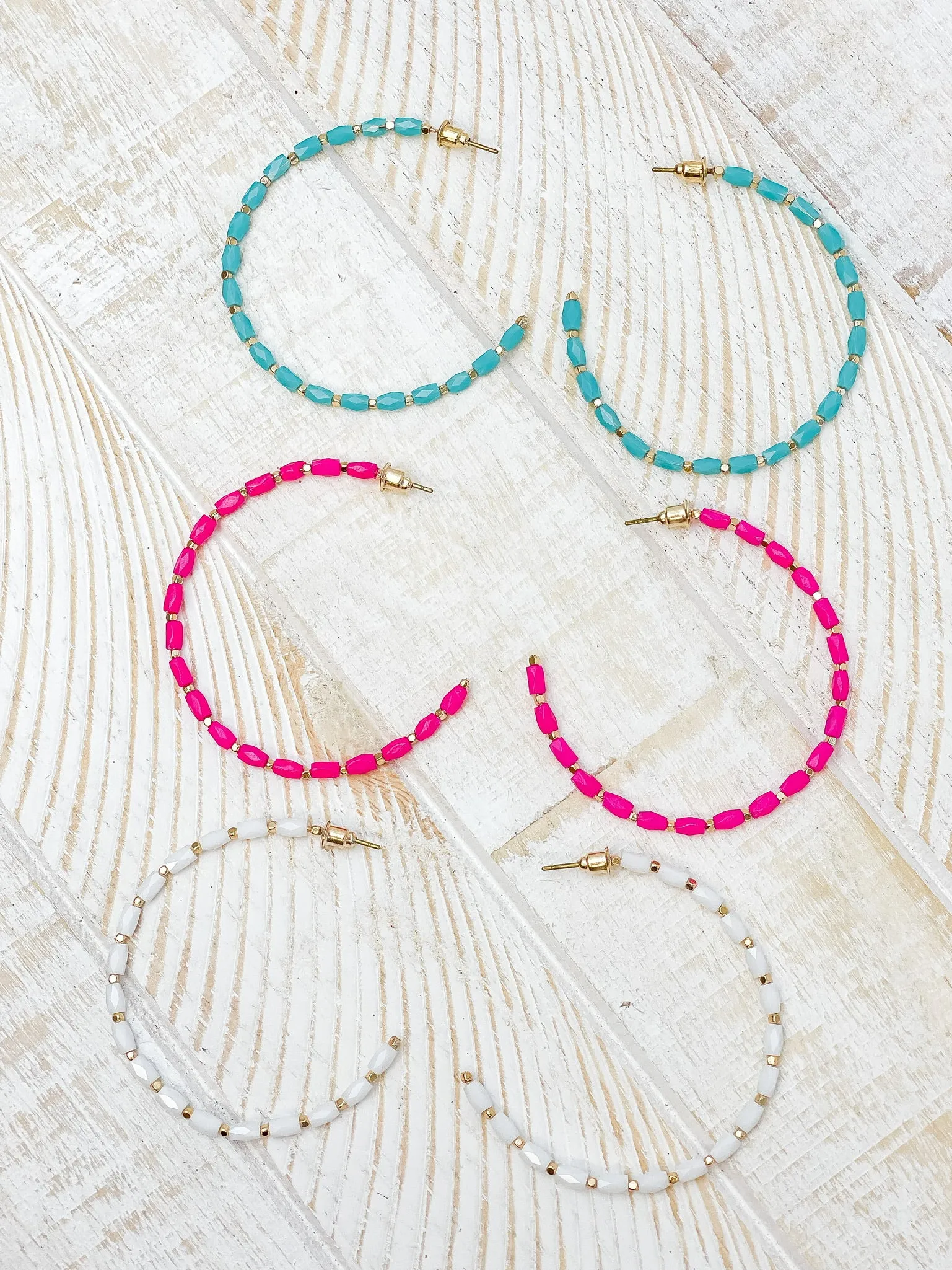 Beaded Gold Skinny Open Hoop Earrings - Pink