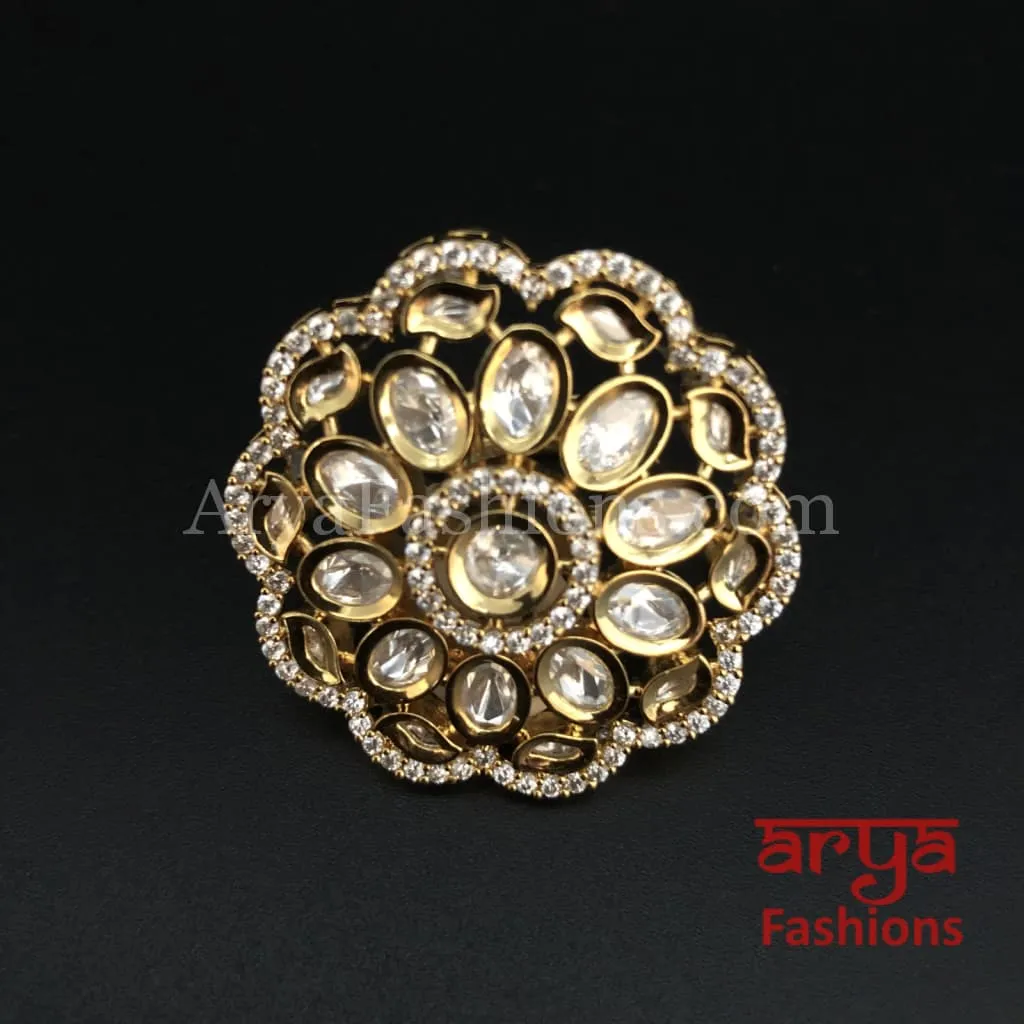 Beautiful Kundan Cubic Zirconia Golden Adjustable Ring