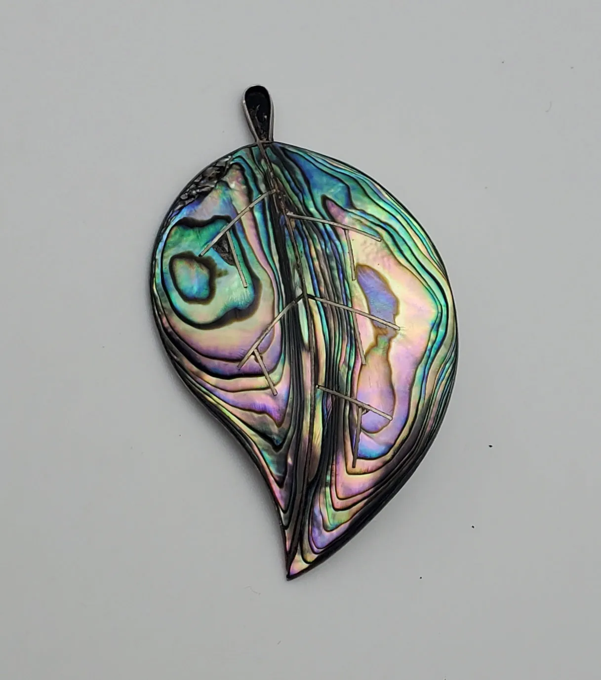 Beautiful Vintage Handmade Abalone Shell Sterling Silver Leaf Brooch