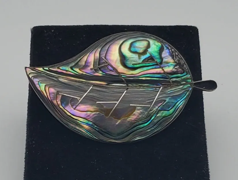 Beautiful Vintage Handmade Abalone Shell Sterling Silver Leaf Brooch