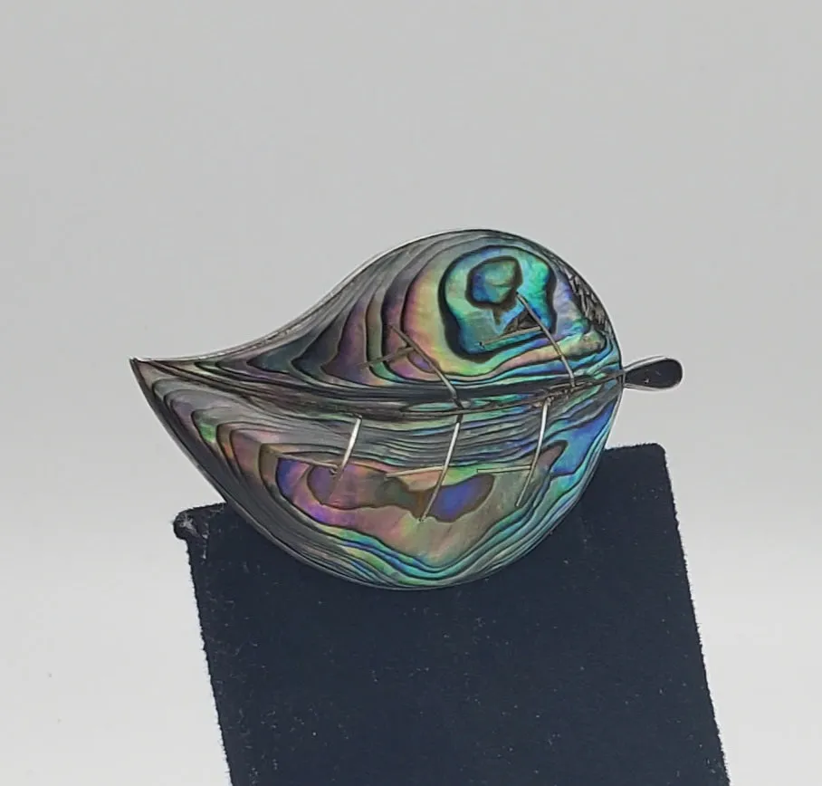 Beautiful Vintage Handmade Abalone Shell Sterling Silver Leaf Brooch