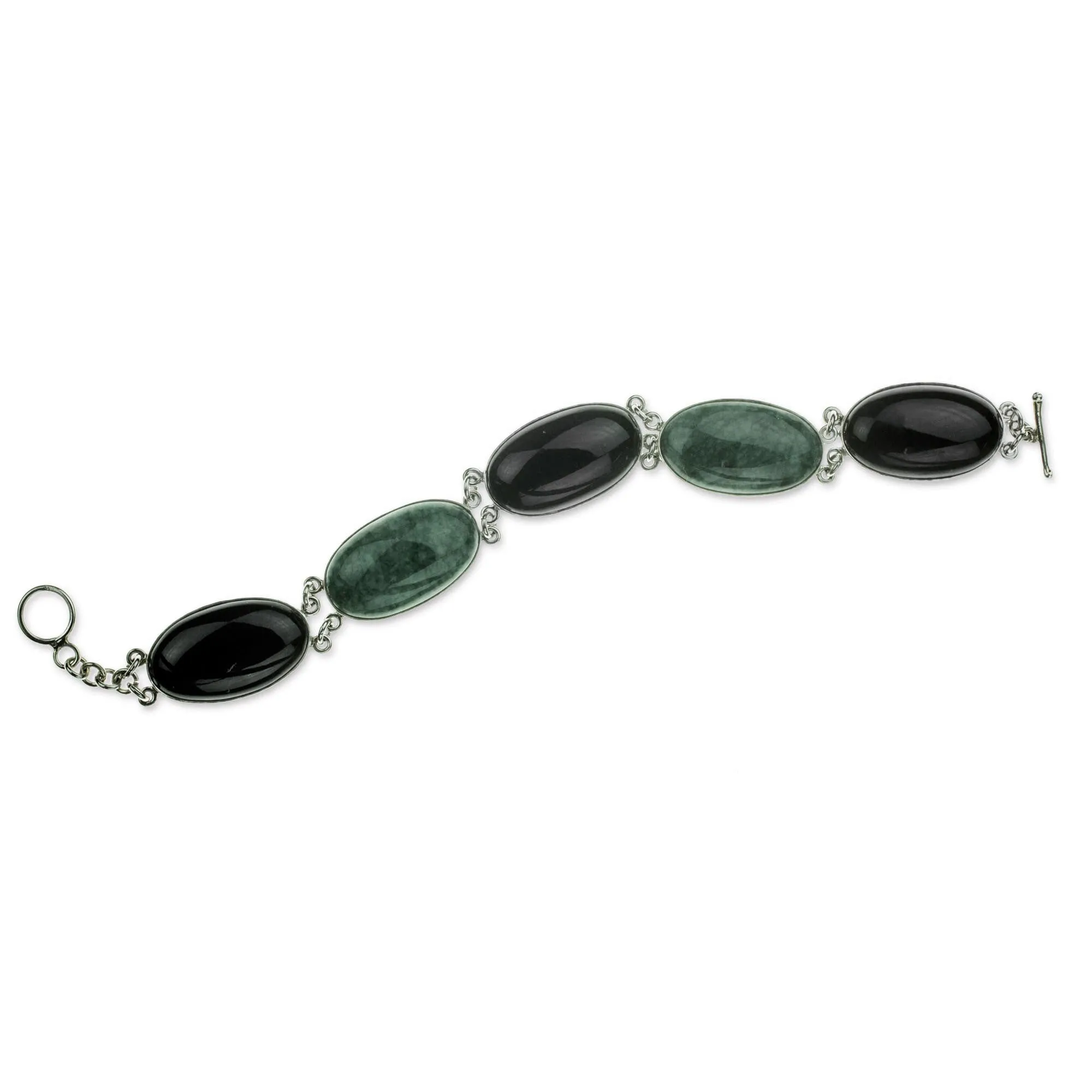 Black and Green Tonalities Black and Forest Green Jade and Silver Bracelet