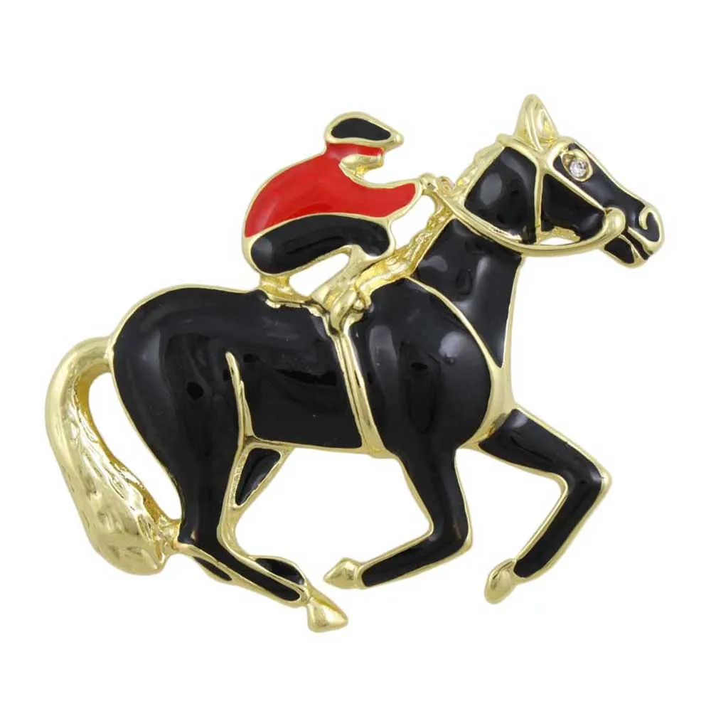 Black and Red Enamel Jockey with Black Horse Brooch Pin - FP18DRD