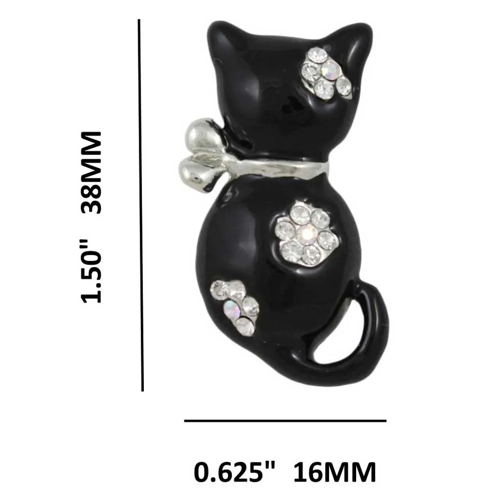 Black Enamel Cat with Crystal Flowers Brooch Pin - PRC911