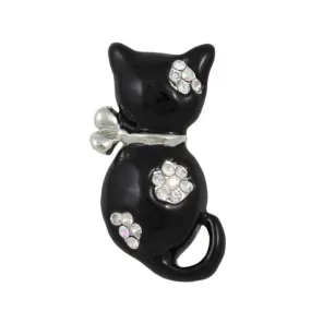 Black Enamel Cat with Crystal Flowers Brooch Pin - PRC911