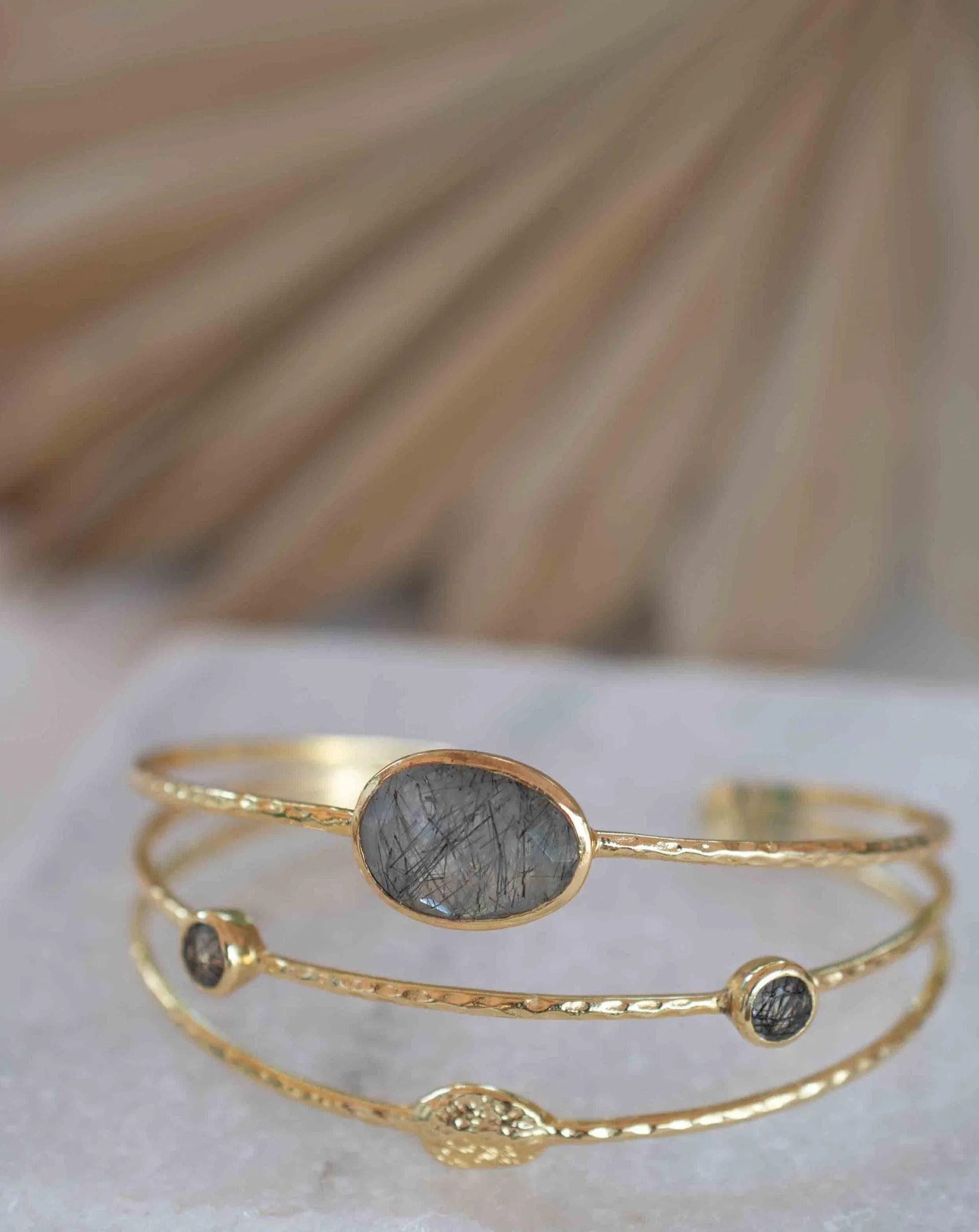 Black Rutilated Quartz ~ Adjustable Bracelet ~ Gold Plated 18k ~ MB048