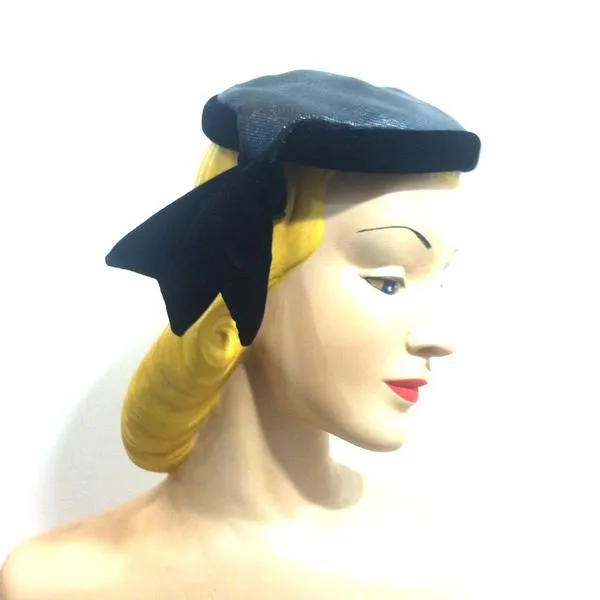 Black Sisal and Velvet Cocktail Hat with Side Tab circa 1950s