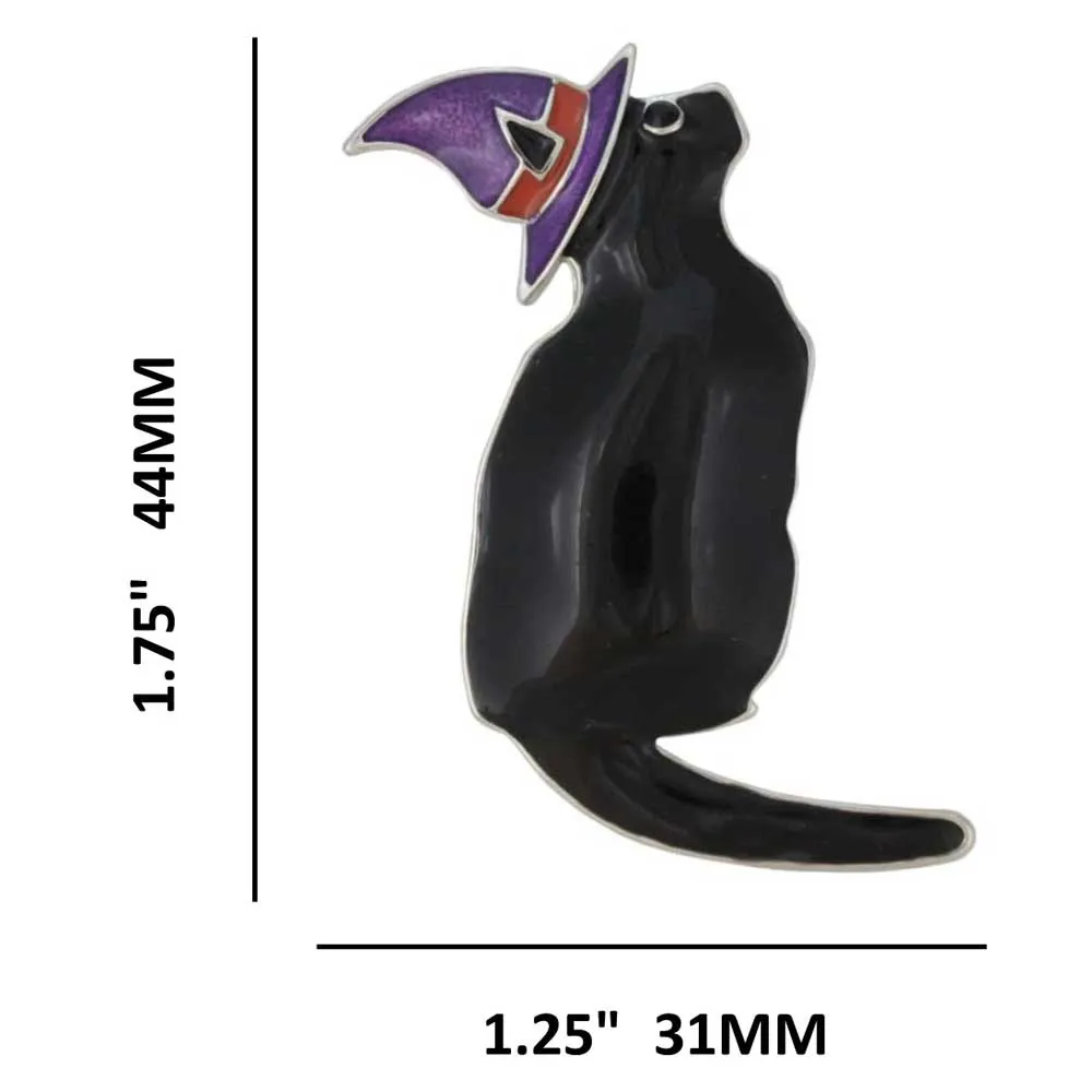 Black Witchy Cat with Purple Witch's Hat Brooch Pin - PRC919