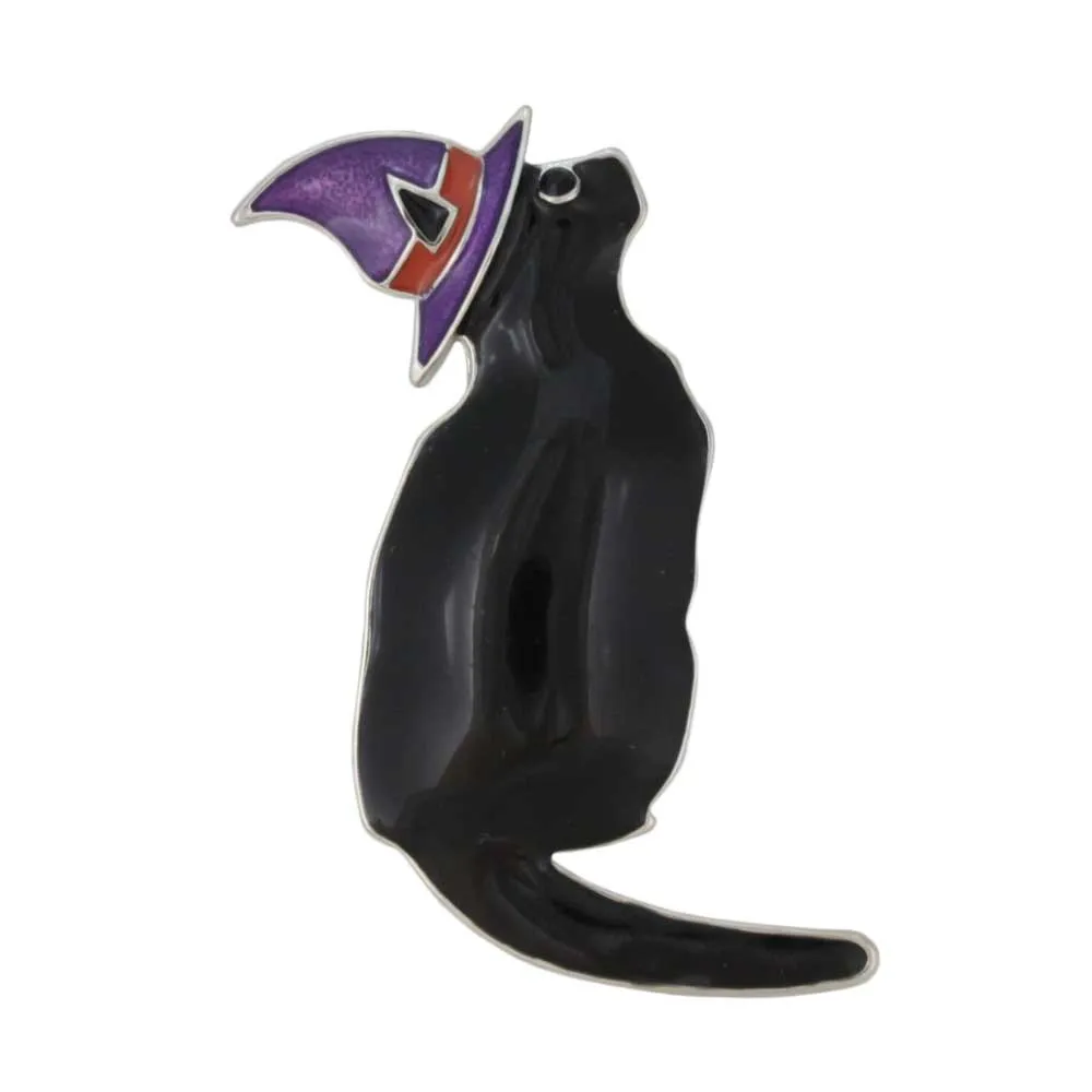 Black Witchy Cat with Purple Witch's Hat Brooch Pin - PRC919